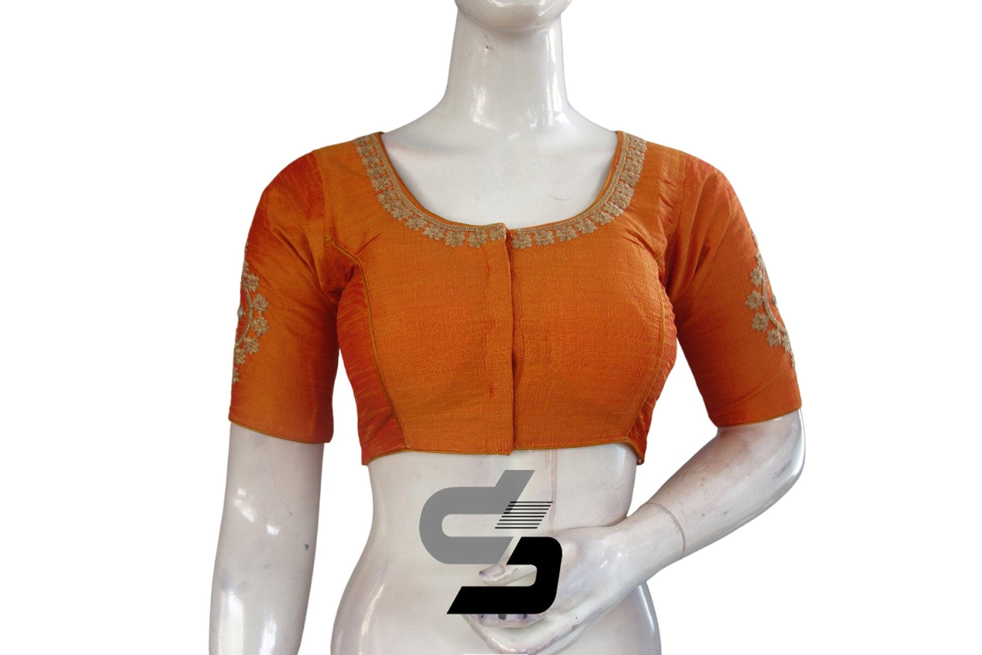 Elegant Mustard Orange High Neck Embroidered Saree Blouses - Ethnic Chic - D3blouses