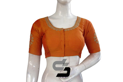 Elegant Mustard Orange High Neck Embroidered Saree Blouses - Ethnic Chic - D3blouses