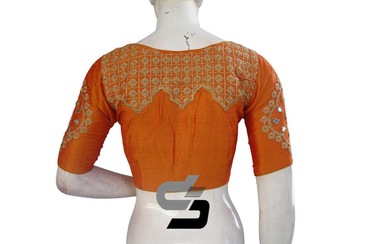 Elegant Mustard Orange High Neck Embroidered Saree Blouses - Ethnic Chic