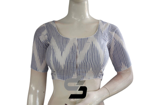 White Color Ikkat Cotton Readymade Blouse - D3blouses
