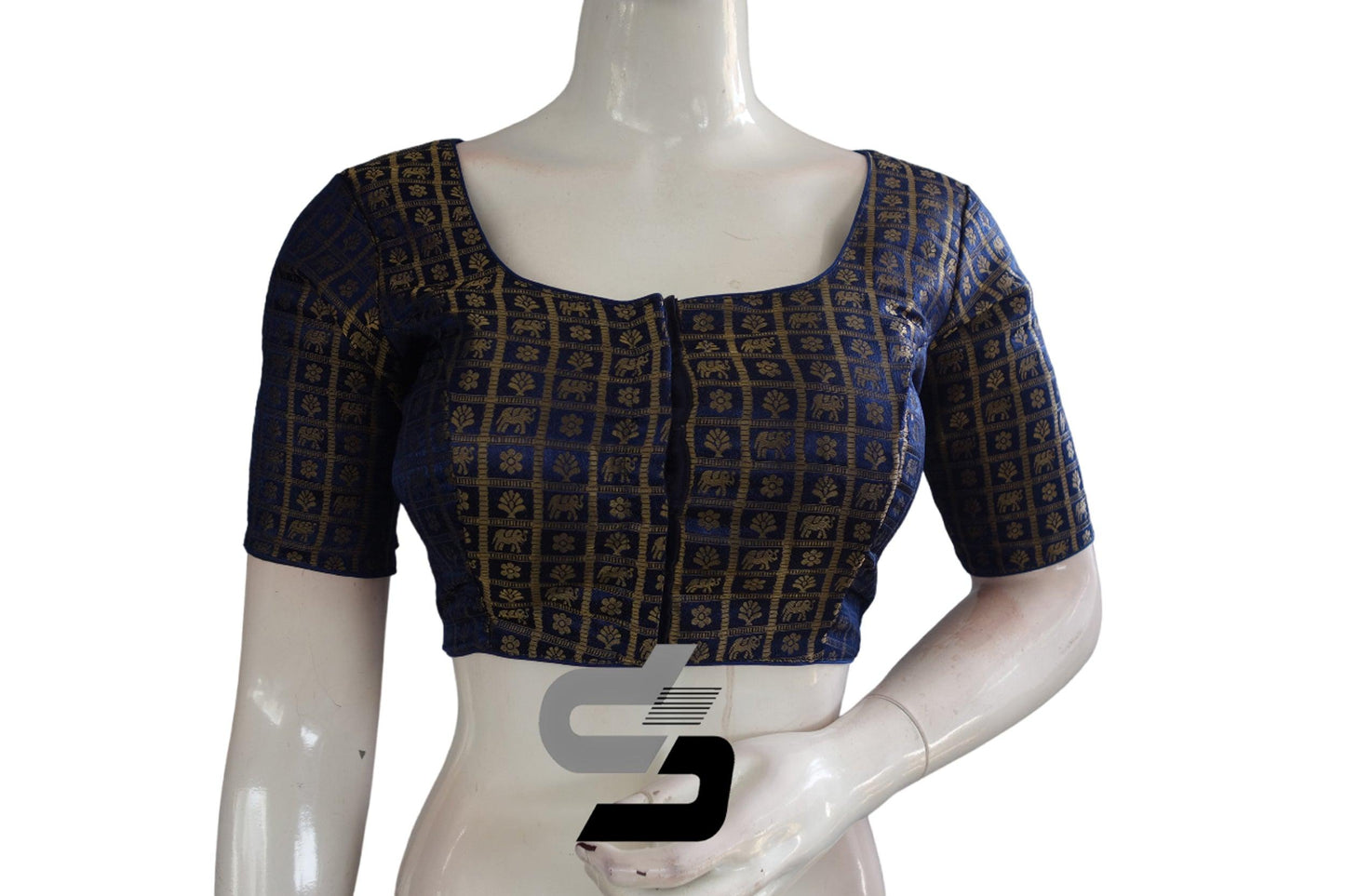 Navy Blue Color Brocade Readymade Saree Blouse - D3blouses