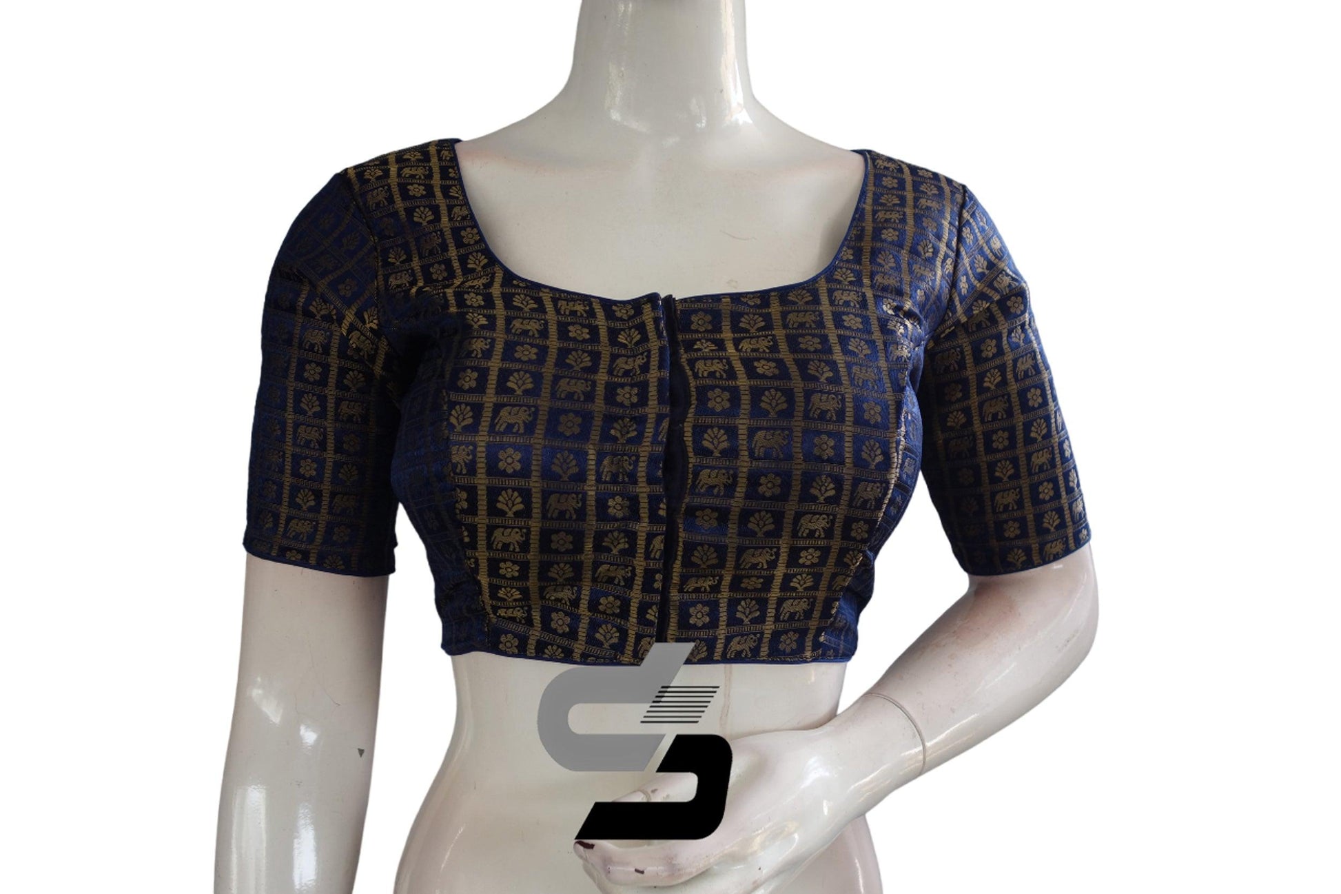 Navy Blue Color Brocade Readymade Saree Blouse - D3blouses