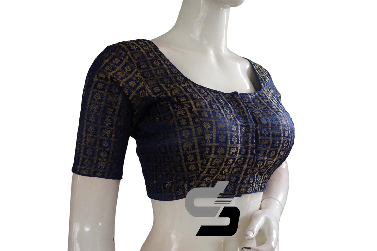 Navy Blue Color Brocade Readymade Saree Blouse - D3blouses