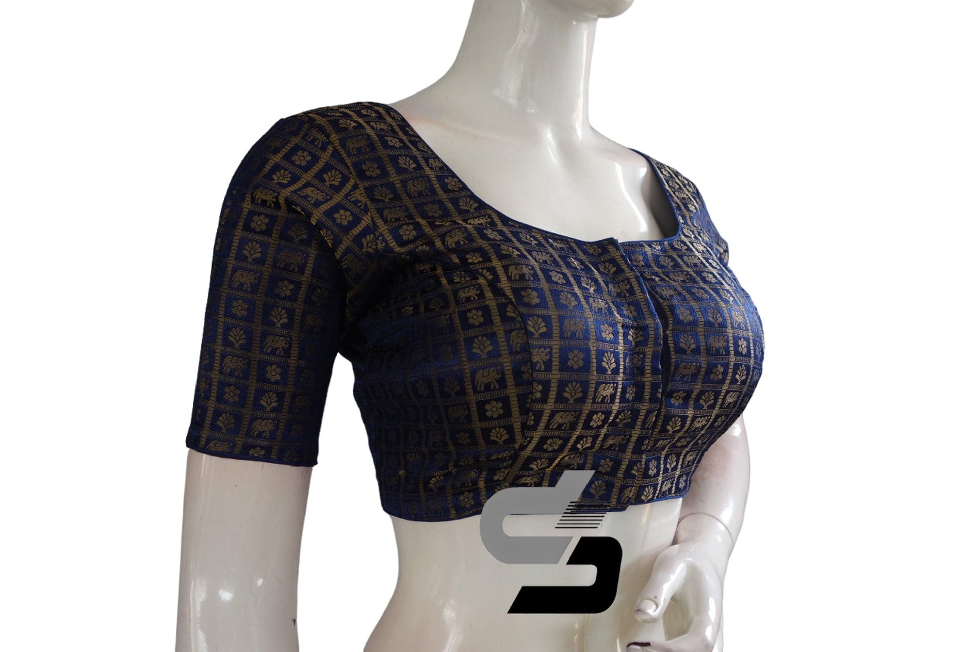 Navy Blue Color Brocade Readymade Saree Blouse - D3blouses