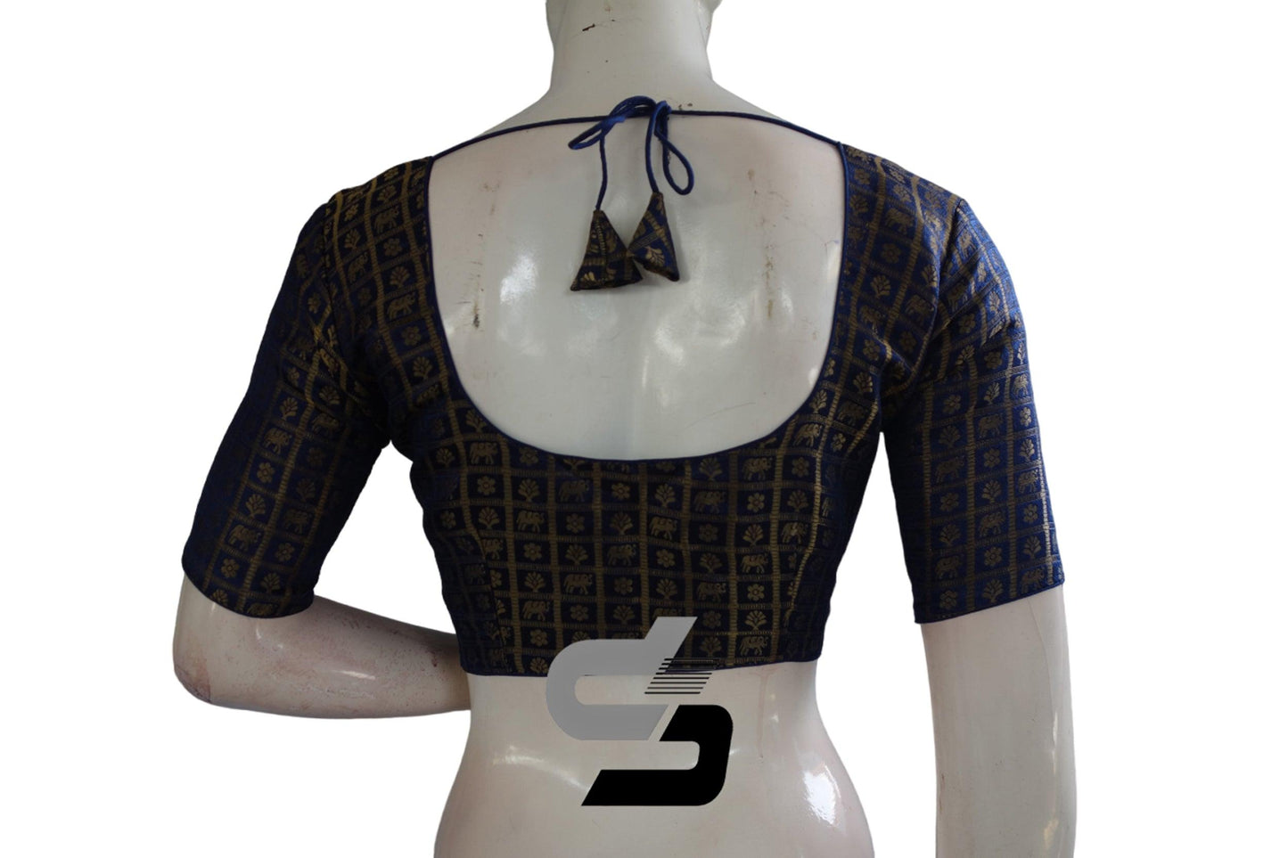 Navy Blue Color Brocade Readymade Saree Blouse - D3blouses