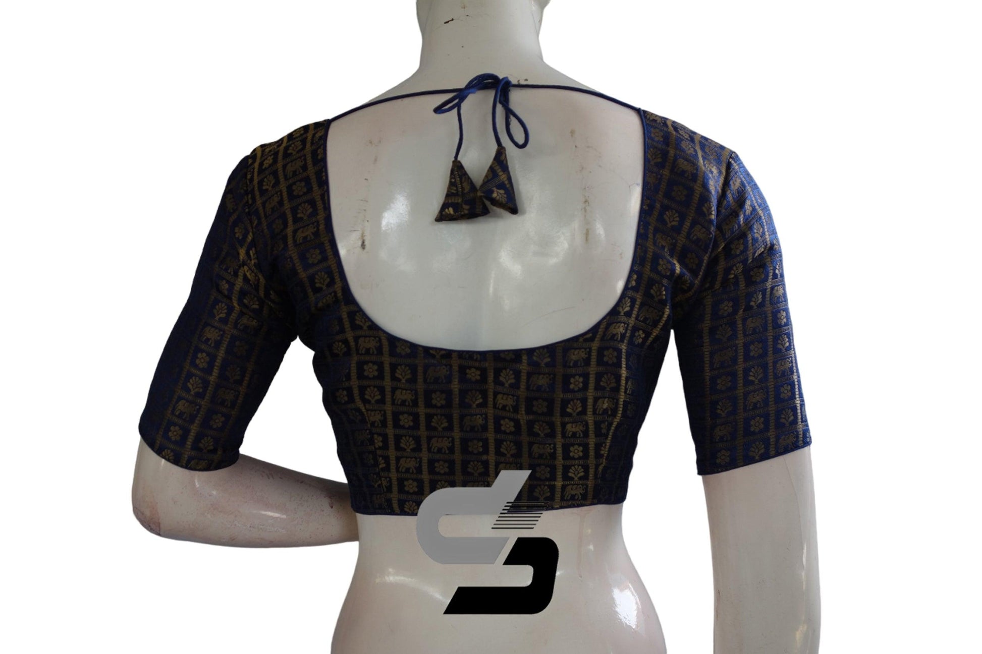 Navy Blue Color Brocade Readymade Saree Blouse - D3blouses