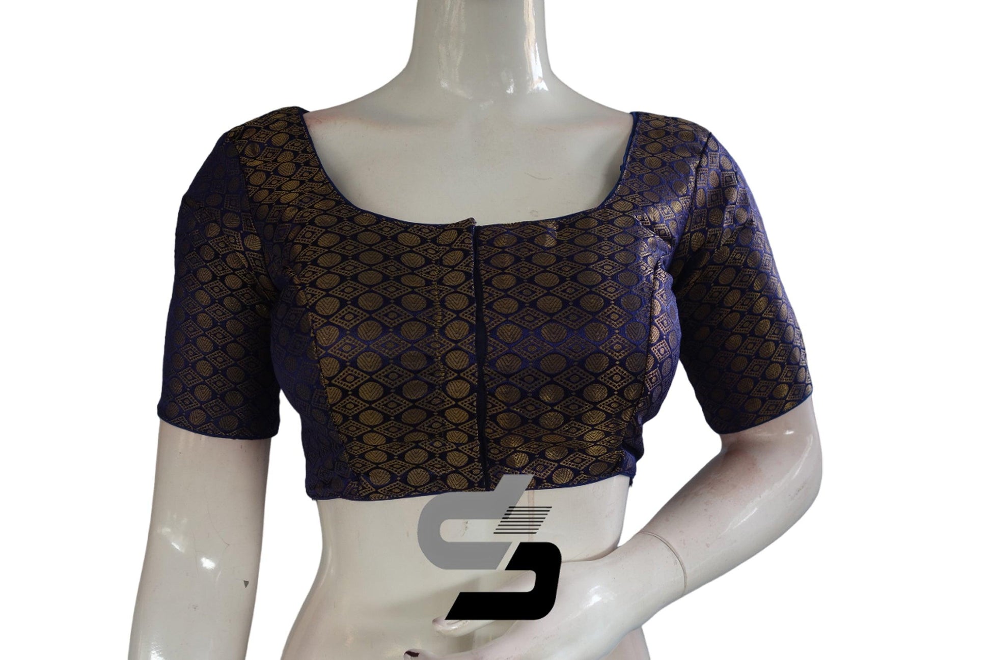 Navy Blue Color Brocade Readymade Saree Blouse - D3blouses