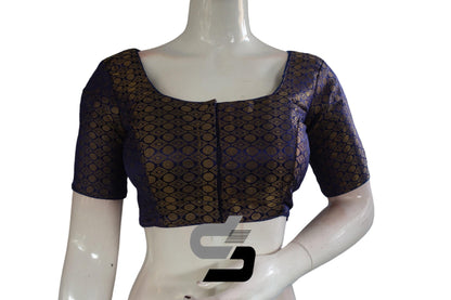Navy Blue Color Brocade Readymade Saree Blouse - D3blouses