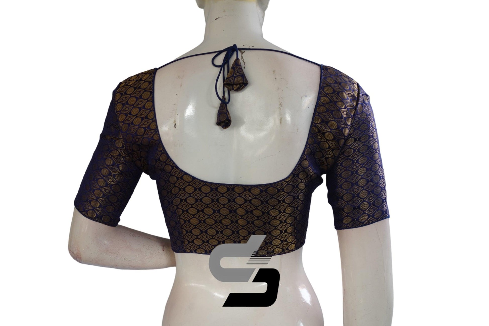 Navy Blue Color Brocade Readymade Saree Blouse - D3blouses