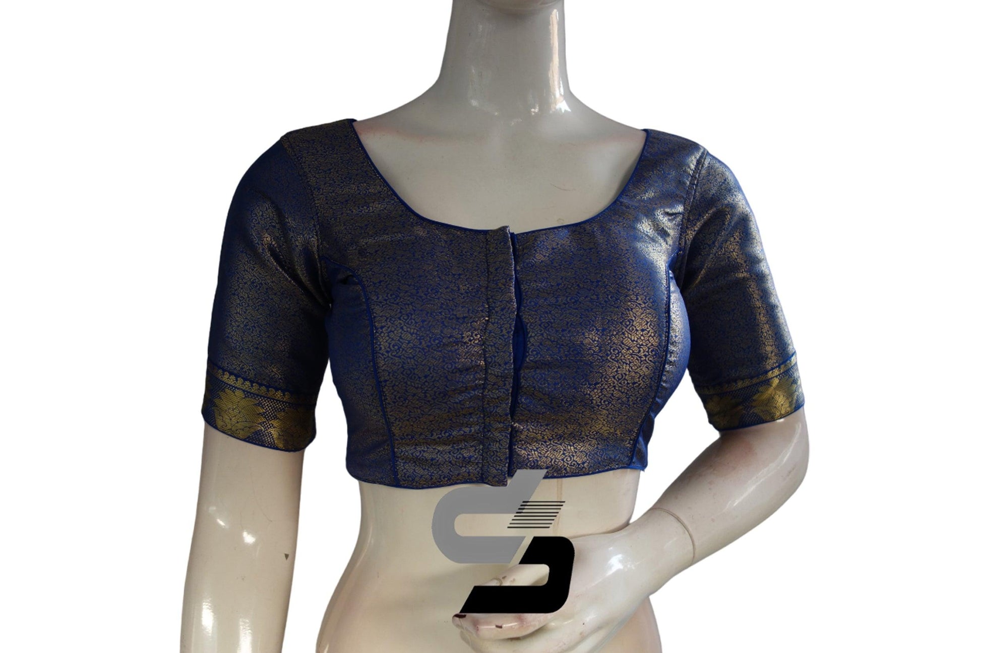 Blue Color Brocade Silk Readymade Saree Blouse With Border Sleeves - D3blouses