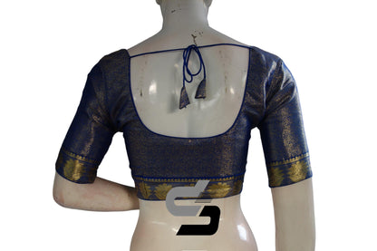 Blue Color Brocade Silk Readymade Saree Blouse With Border Sleeves - D3blouses