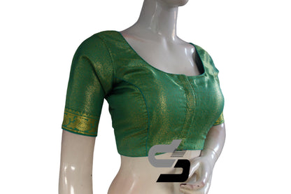 Greenish Blue Color Brocade Silk Readymade Saree Blouse With Border Sleeves - D3blouses