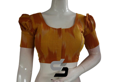Mustard Color Ikkat Cotton Designer Blouse With Puff Sleeves - D3blouses