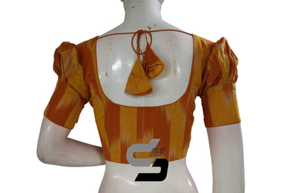 Mustard Color Ikkat Cotton Designer Blouse With Puff Sleeves - D3blouses