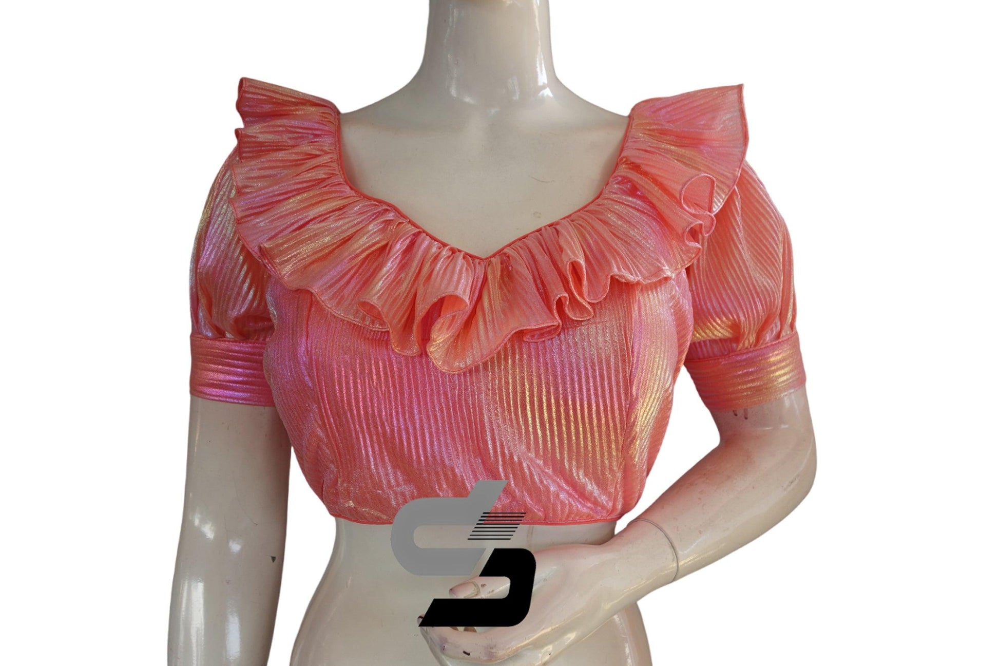 Neon Pink Color Pre-Pleated Fabric With Frill Neckline and Puff Sleeves Readymade Saree Blouse - D3blouses