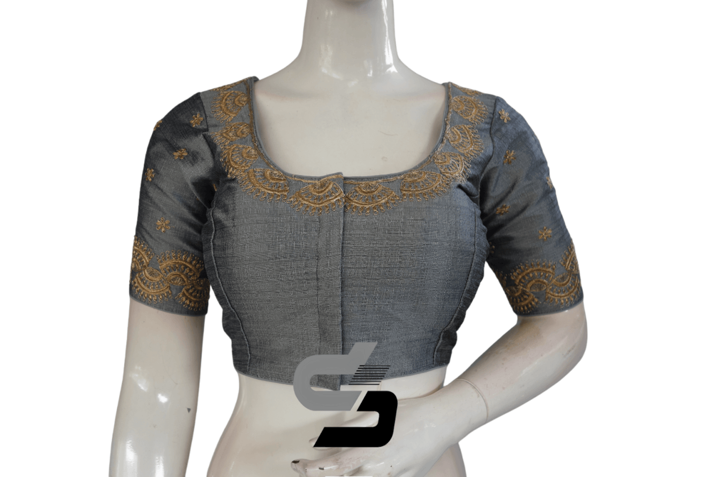 Grey Color Semi Silk Designer Embroidery Readymade Saree Blouse - D3blouses