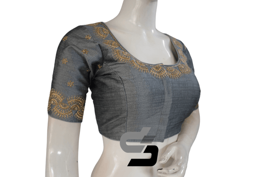 Grey Color Semi Silk Designer Embroidery Readymade Saree Blouse - D3blouses