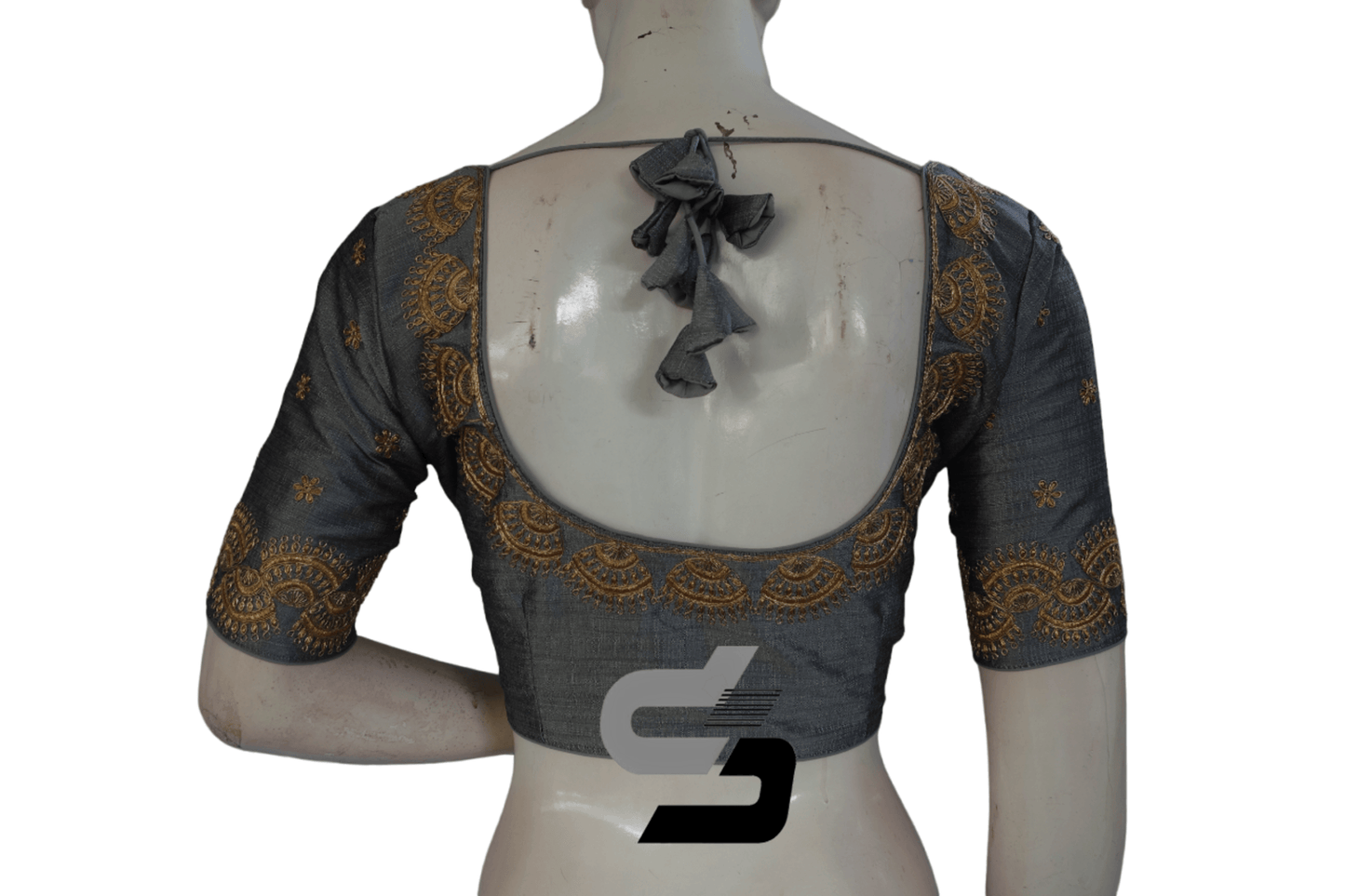 Grey Color Semi Silk Designer Embroidery Readymade Saree Blouse - D3blouses