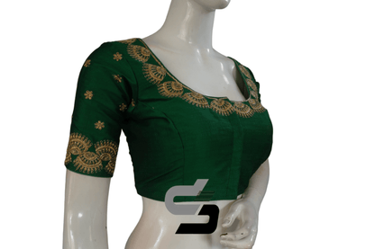 Green Color Semi Silk Designer Embroidery Readymade Saree Blouse - D3blouses