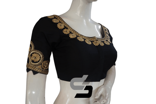 Black Color Semi Silk Designer Embroidery Readymade Saree Blouse - D3blouses