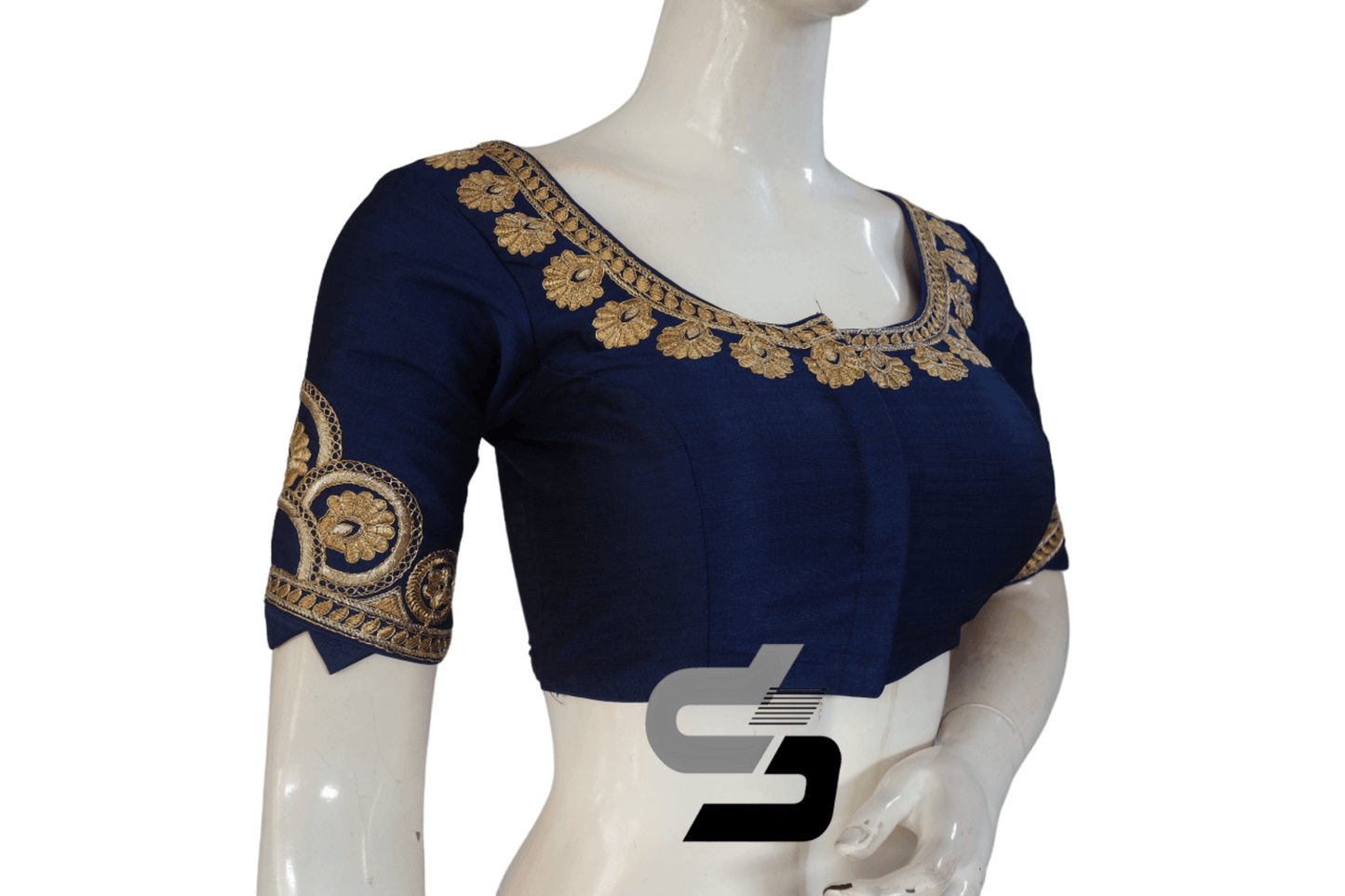 Navy Blue Color Semi Silk Designer Embroidery Readymade Saree Blouse - D3blouses