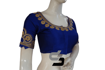 Royal Blue Color Semi Silk Designer Embroidery Readymade Saree Blouse - D3blouses