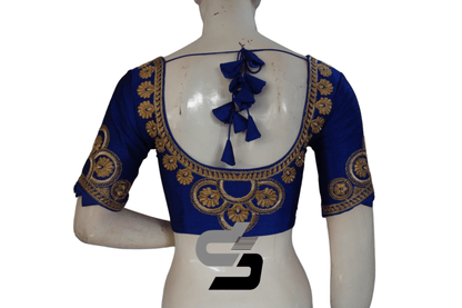 Royal Blue Color Semi Silk Designer Embroidery Readymade Saree Blouse - D3blouses