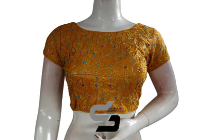 Mustard Yellow Color Boat Neck Embroidery Designer Party Wear Readymade Blouse - D3blouses