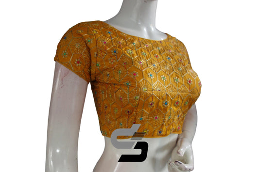 Mustard Yellow Color Boat Neck Embroidery Designer Party Wear Readymade Blouse - D3blouses