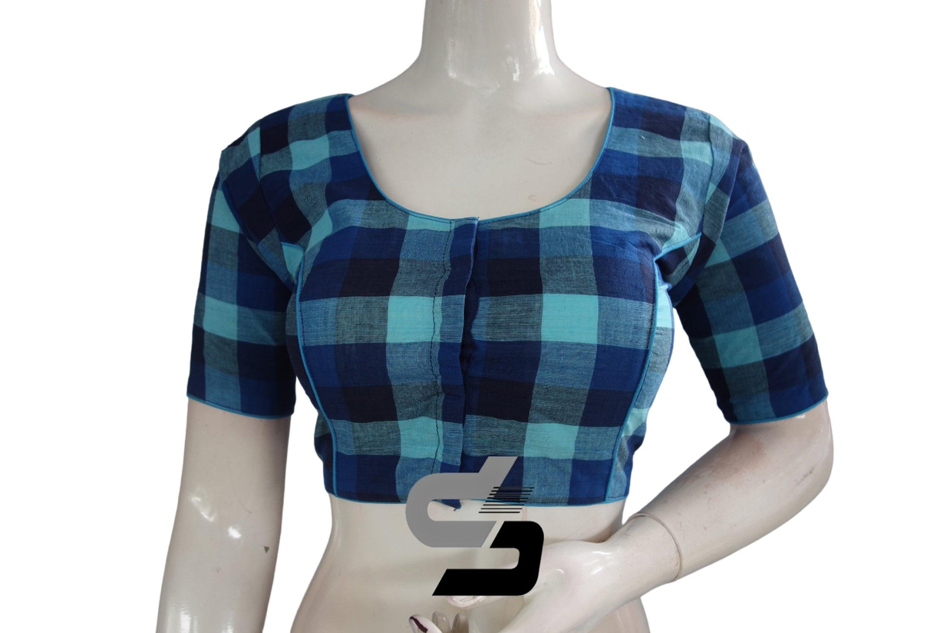 Blue Color Cotton Checks Readymade saree blouse , Indian Cotton Readymade blouse - D3blouses