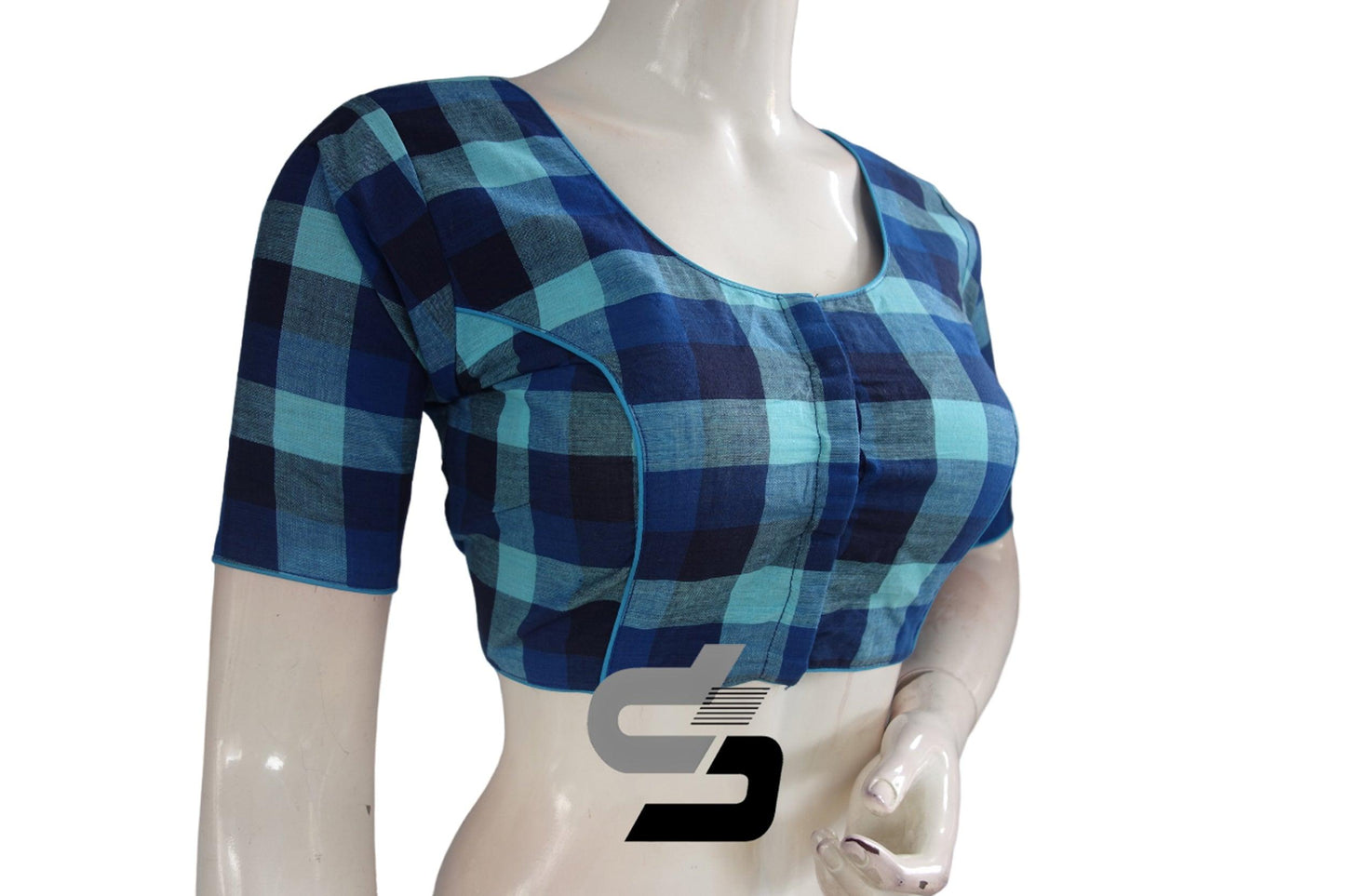 Blue Color Cotton Checks Readymade saree blouse , Indian Cotton Readymade blouse - D3blouses