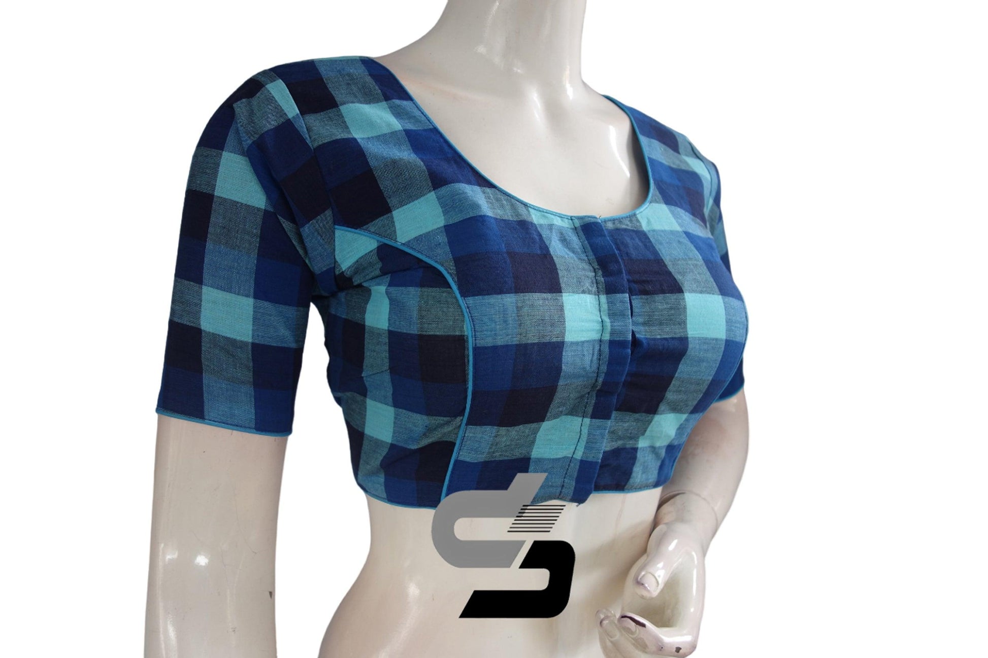 Blue Color Cotton Checks Readymade saree blouse , Indian Cotton Readymade blouse - D3blouses