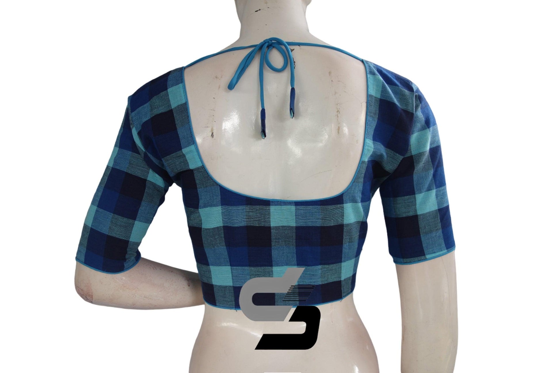 Blue Color Cotton Checks Readymade saree blouse , Indian Cotton Readymade blouse - D3blouses