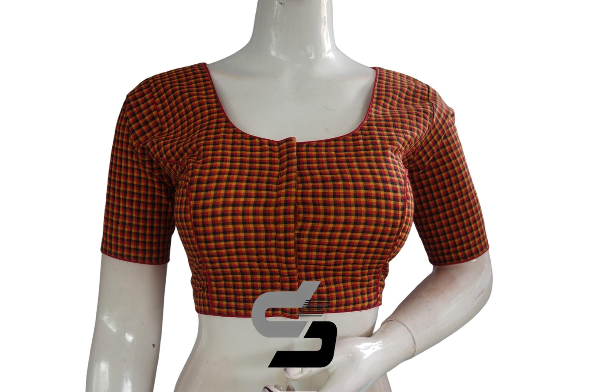 Red Color Cotton Checks Readymade saree blouse , Indian Cotton Readymade blouse - D3blouses