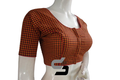 Red Color Cotton Checks Readymade saree blouse , Indian Cotton Readymade blouse - D3blouses