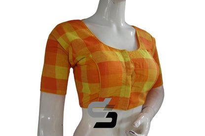 Yellow Color Cotton Checks Readymade saree blouse , Indian Cotton Readymade blouse - D3blouses