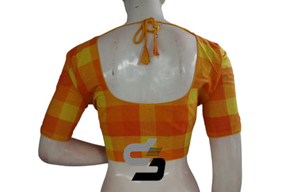 Yellow Color Cotton Checks Readymade saree blouse , Indian Cotton Readymade blouse - D3blouses