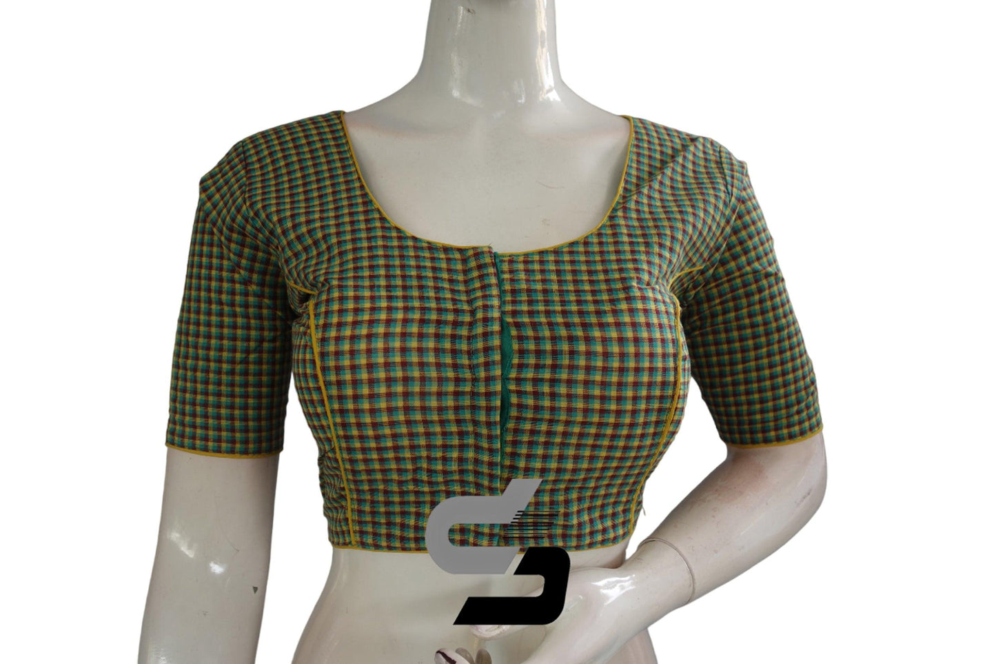 Green Color Cotton Checks Readymade saree blouse , Indian Cotton Readymade blouse - D3blouses