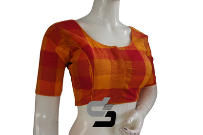Orange Color Cotton Checks Readymade saree blouse , Indian Cotton Readymade blouse - D3blouses