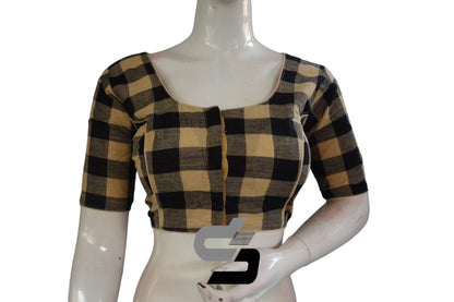 Beige Color Cotton Checks Readymade saree blouse , Indian Cotton Readymade blouse - D3blouses