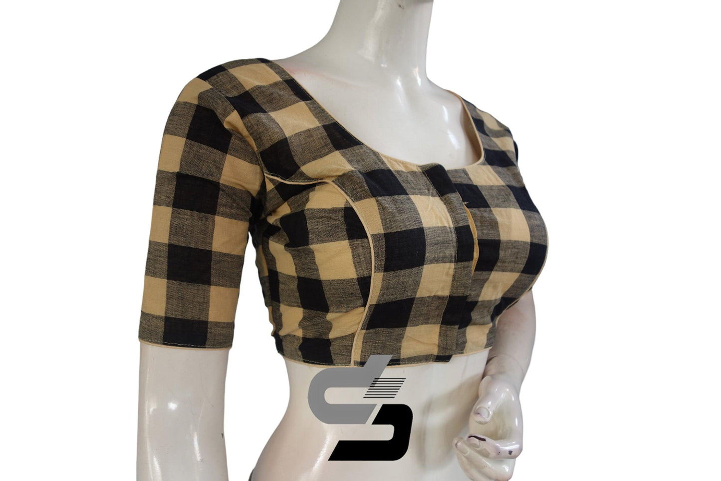 Beige Color Cotton Checks Readymade saree blouse , Indian Cotton Readymade blouse - D3blouses