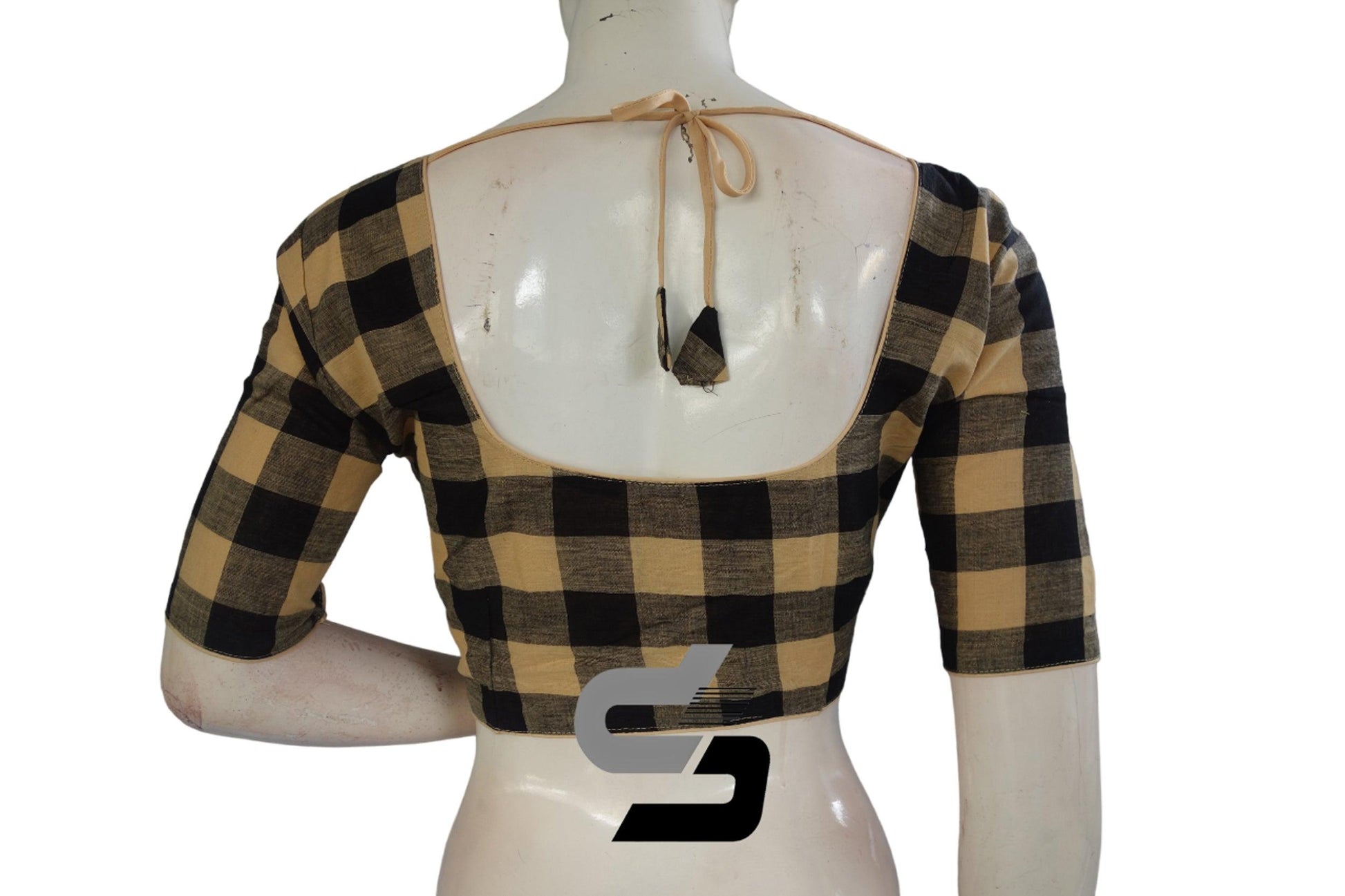 Beige Color Cotton Checks Readymade saree blouse , Indian Cotton Readymade blouse - D3blouses