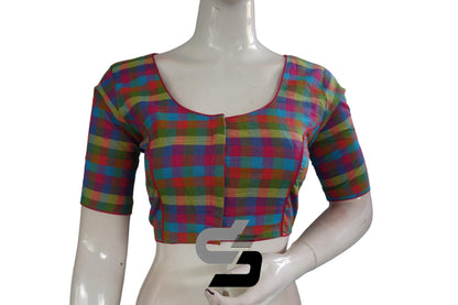 Pink Color Cotton Checks Readymade saree blouse , Indian Cotton Readymade blouse - D3blouses