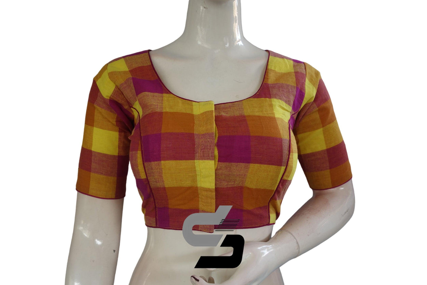 Magenta Color Cotton Checks Readymade saree blouse , Indian Cotton Readymade blouse - D3blouses