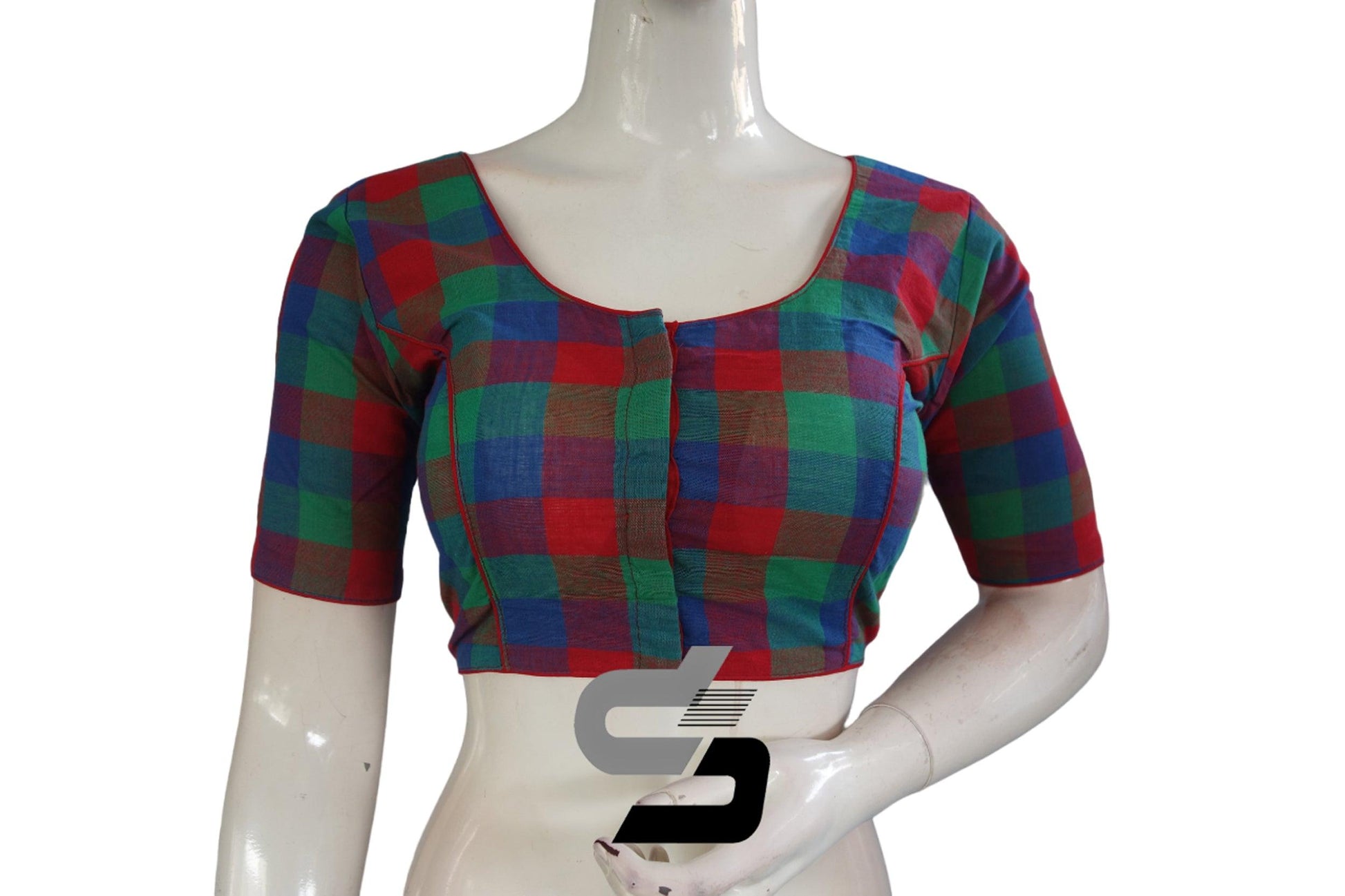 Red Color Cotton Checks Readymade saree blouse , Indian Cotton Readymade blouse - D3blouses