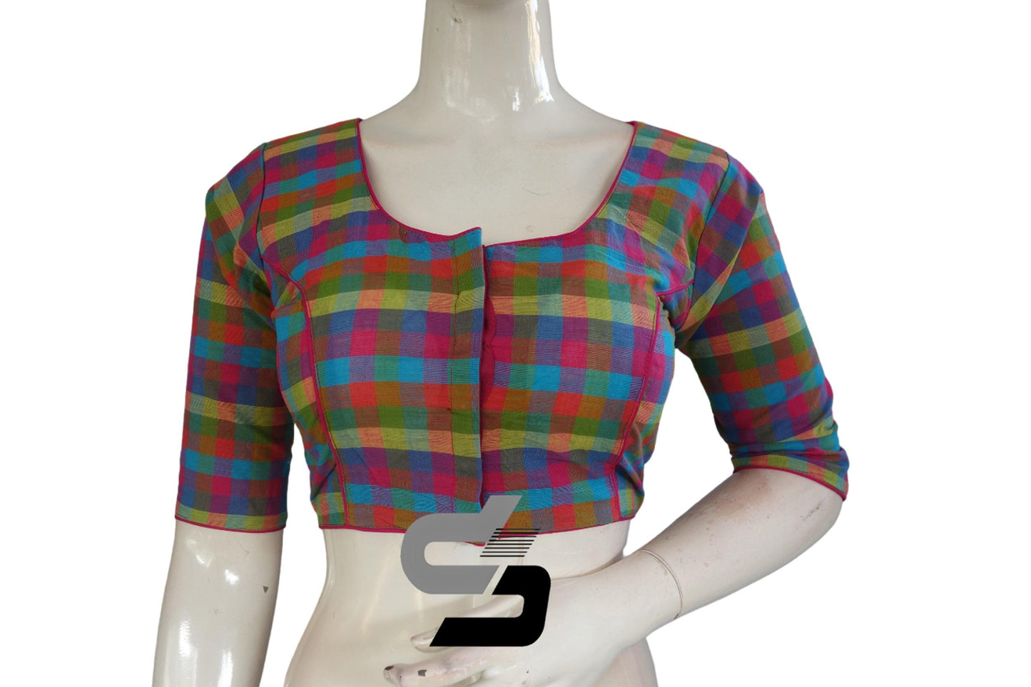Pink Color 3/4 th Cotton Checks Readymade saree blouse , Indian Cotton Readymade blouse - D3blouses