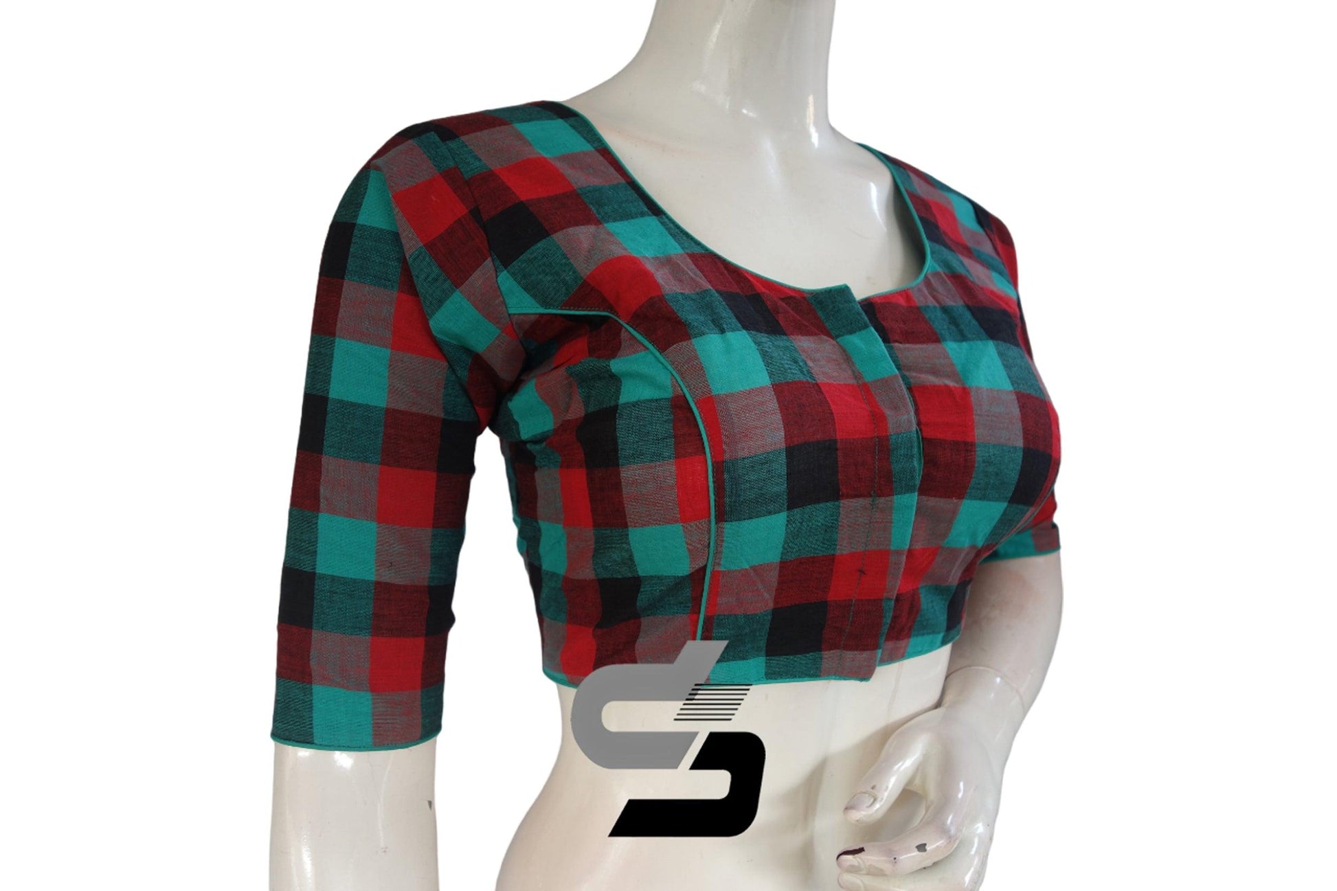 Teal Green Color 3/4 th Cotton Checks Readymade saree blouse , Indian Cotton Readymade blouse - D3blouses