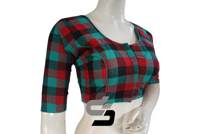 Teal Green Color 3/4 th Cotton Checks Readymade saree blouse , Indian Cotton Readymade blouse - D3blouses