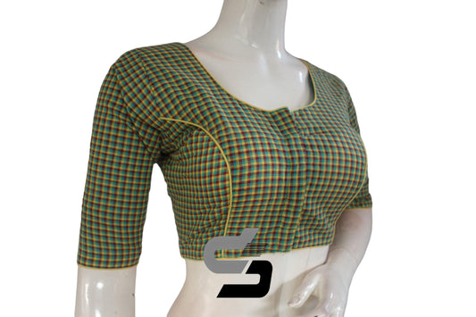 Green Color 3/4 th Cotton Checks Readymade saree blouse , Indian Cotton Readymade blouse - D3blouses