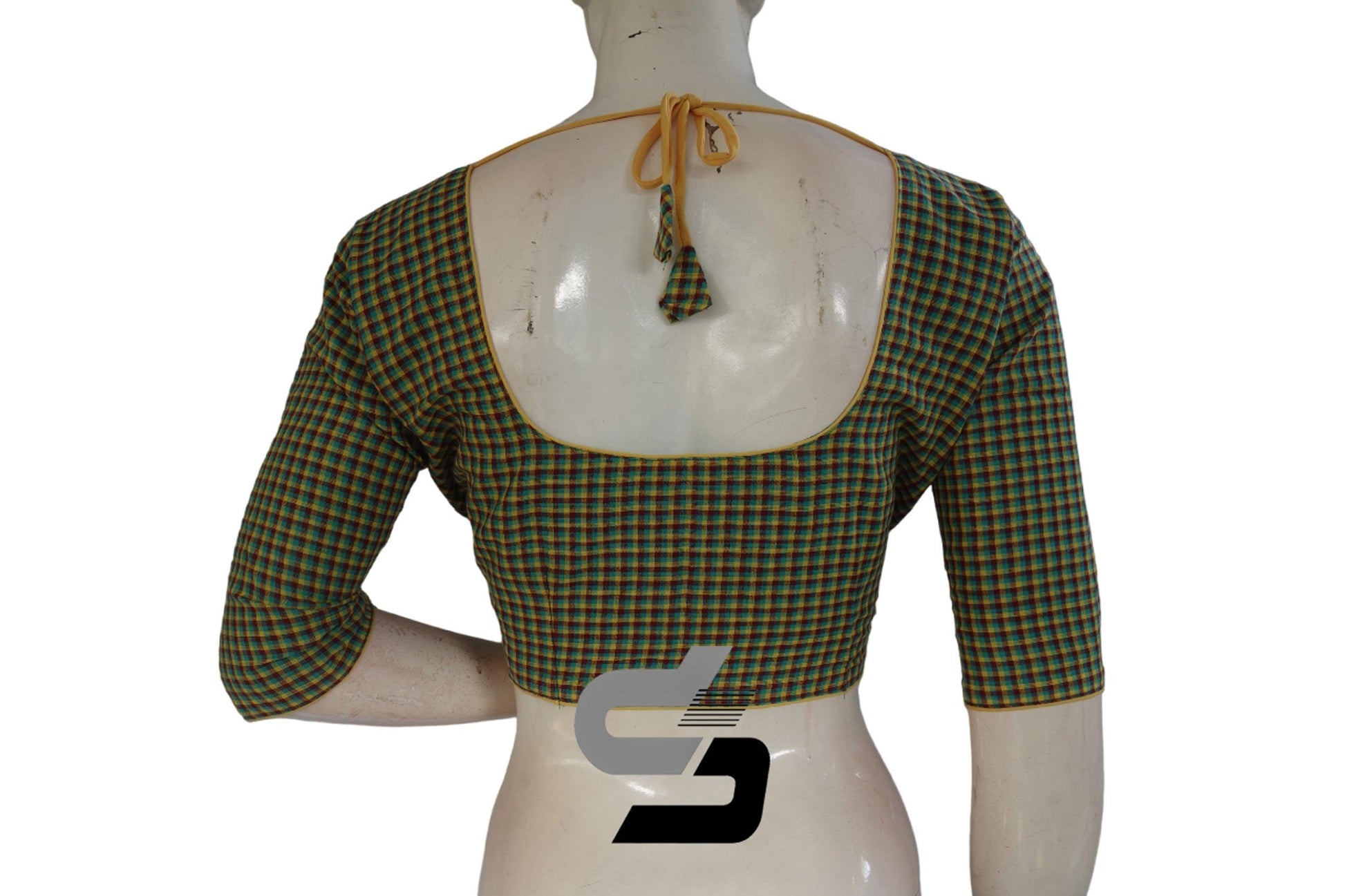 Green Color 3/4 th Cotton Checks Readymade saree blouse , Indian Cotton Readymade blouse - D3blouses